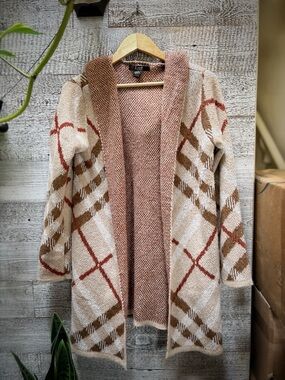Love Ever After | Soft Open-Front Plaid Hooded Cardi Coat - M, Cream/Brown/Rust